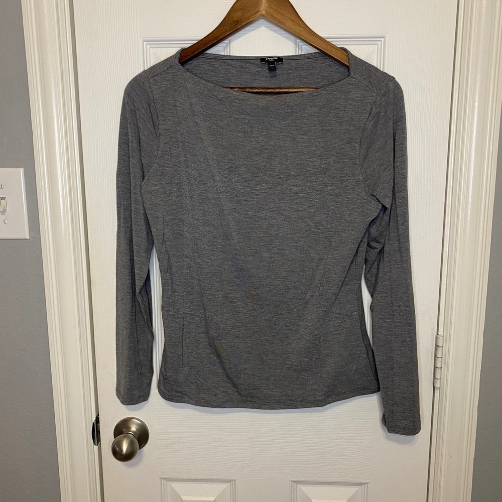 Express Women's Size Large Top Fitted Long Sleeve Boat Neck Gray Workwear Preppy